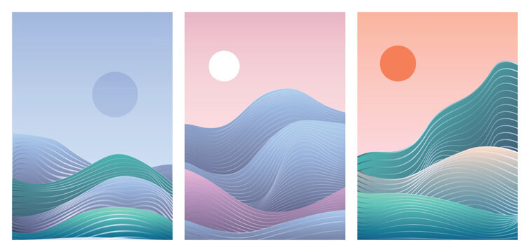 Abstract stylized landscape set with flowing contour lines, gradient hills, sun and pastel skies in three modern panels, isolated on white background vector illustration