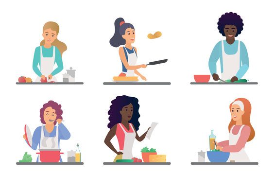 Set of women preparing food in kitchen scenes, chopping vegetables, frying pancakes, stirring soup and mixing salad. Diverse home cooking characters isolated on white background vector illustration