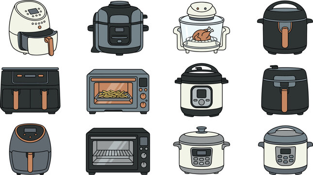 Kitchen electrical appliances vector icon set featuring modern air fryers pressure cookers multi cookers convection ovens toaster ovens and smart countertop cooking devices