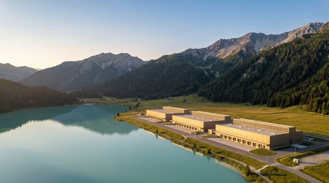 Data Center Mountain Lake Campus With Three Beige Halls On A Meadow Beside Turquoise Water Below Forested Slopes And Grey Peaks At Golden Hour