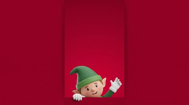 Cute Christmas elf character waving and peeking from window on red background