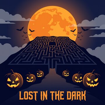 Halloween labyrinth poster with carved pumpkins under giant harvest moon and flying bats