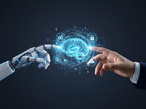 Robot hand and human hand gesturing towards glowing luminous blue AI brain core interface