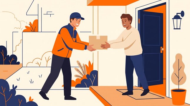Courier delivering parcel to customer at front door flat illustration