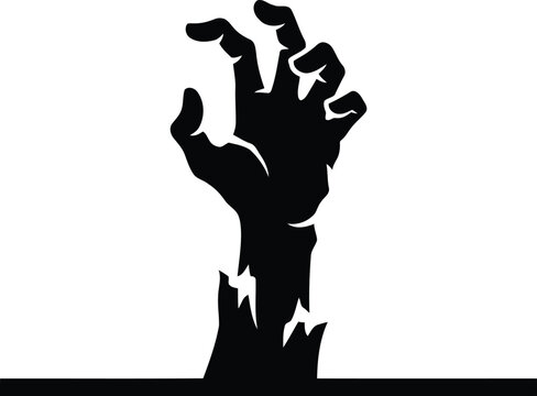 Black silhouette of a zombie hand reaching up from ground on white background