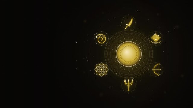 Golden Rotating Mandala with Hindu Deity Weapon Symbols Background Loop