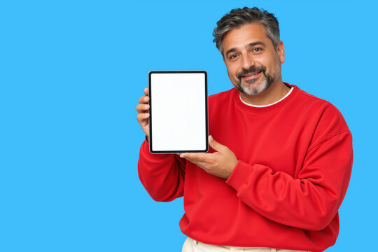 Middle aged man holding blank tablet screen. Smiling male in red sweatshirt showing digital device mockup on blue background. Copy space for text