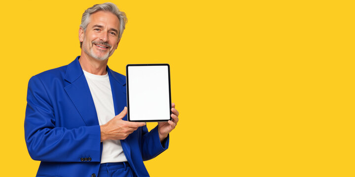 Smiling mature businessman in blue suit holding blank tablet. Professional mockup with copy space on screen and yellow background