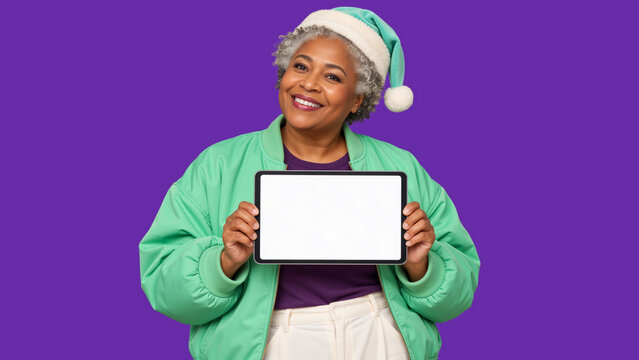 Smiling senior Black woman in Santa hat holding blank tablet. Festive holiday mockup with copy space on screen and purple background