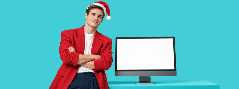 Smiling young man in Santa hat and red blazer standing by blank computer monitor. Christmas holiday mockup presentation on blue background. Copy space for text