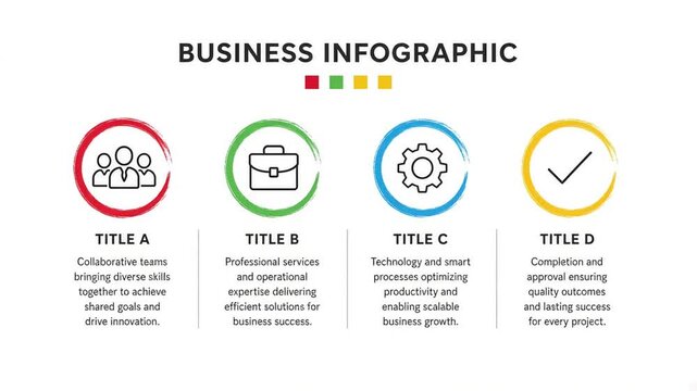 Four step business process diagram with colorful circles and icons for workflow management strategy presentation layout