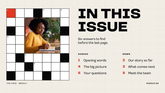 Crossword Slides / Editorial Contents List With a Crossword Portrait Frame for Magazine Introductions, Publishing Promos and Social Media / Horizontal / Part 04