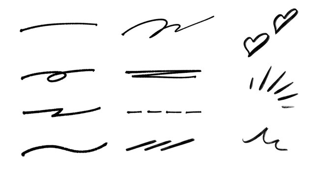Hand drawn brush stroke lines set, underline, heart and emphasis marks