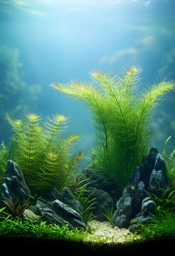 aquatic ecosystem and nature conservation, lush green underwater plants with rocks in a freshwater aquarium for environmental and wellness background