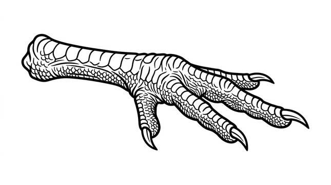 Chicken claw foot rooster thick scaled striped detailed four toes sharp pointed curved strong claws, black white icon illustration thick outline vector detailed texture on clean plain white minimalist