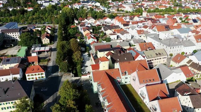 Drone video over Kelheim between Altm&uuml;hl and Main. Kelheim, Lower Bavaria, Bavaria, Germany