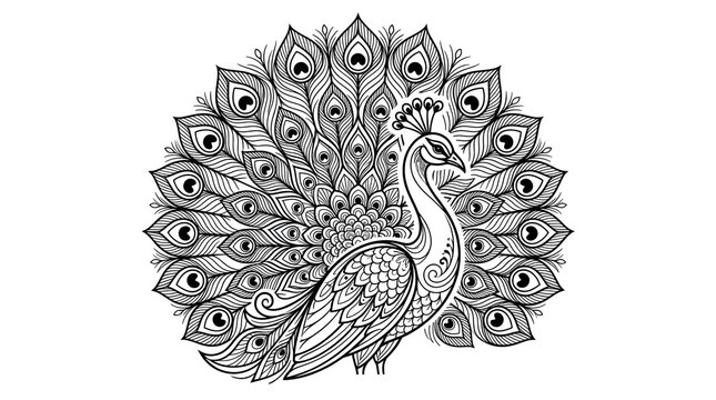 Beautiful peacock full circular fanned tail eye feathers detailed mandala batik ornament scale feathers crown crest, elegant curved neck, detailed black line ethnic vector illustration on clean plain 