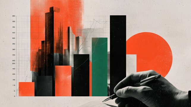 Abstract geometric bar chart with orange green and black shapes for business presentation and branding design.