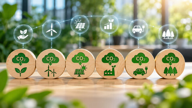 Wooden blocks with eco-icons depict sustainability concepts like renewable energy and transportation in a natural setting, emphasizing CO2 reduction and green technology advancements