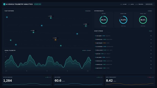 Ai vehicle telemetry analytics dashboard for fleet network map, system health metrics, live event stream, for real time monitoring smart transport