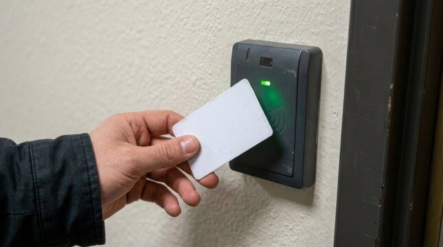 A man holds a white plastic card to unlock an office security door scanner.