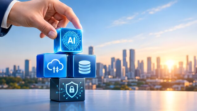 Placing glowing artificial intelligence cube on data storage and cloud security blocks with modern sunrise city skyline view