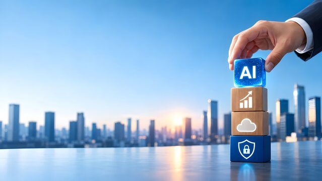 Businessman hand building technology structure with AI data cloud and security blocks against urban corporate cityscape
