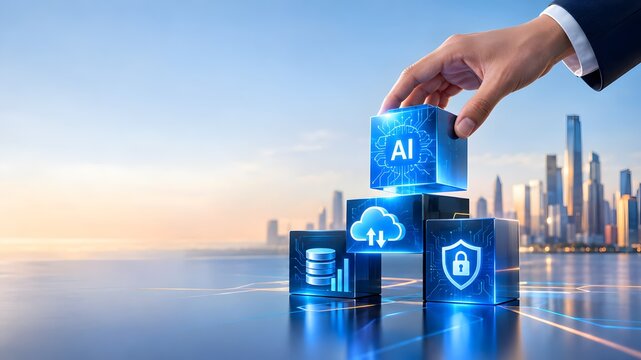 Businessman placing glowing artificial intelligence block integrating secure cloud database technology in futuristic digital corporate city