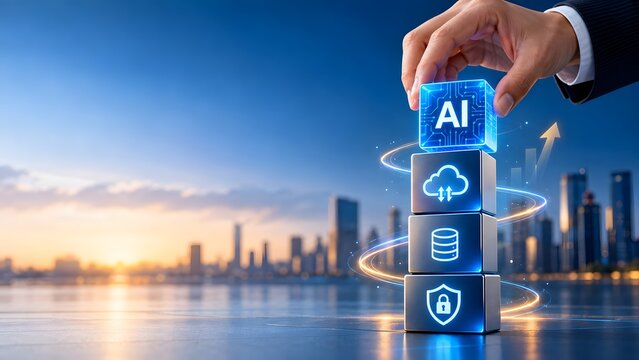 Businessman hand stacking glass blocks with AI cloud database and security padlock icons against city sunset skyline
