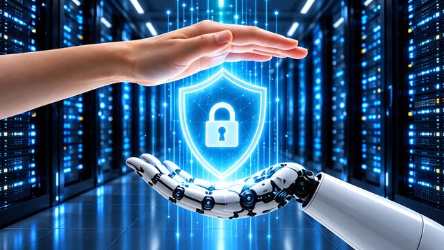 Human and robot hands protecting a glowing digital security shield with a padlock in a server room data center