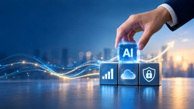Hand placing AI glass block on data cloud and security icons with glowing fiber optic lines and city background