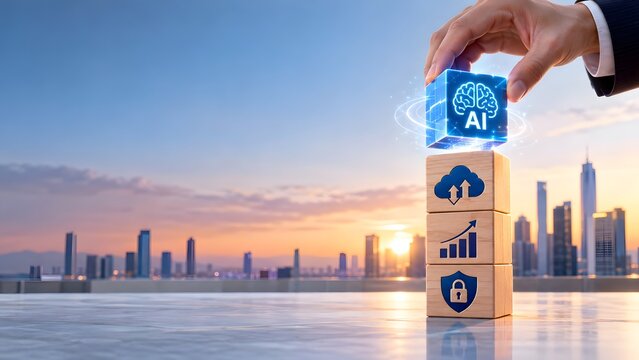 Hand placing AI brain icon block on wooden cubes with cloud chart and padlock symbols over sunset city skyline