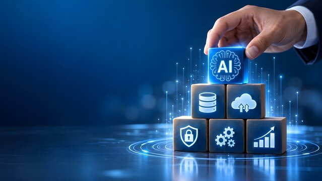 Hand building a pyramid of blocks with AI database cloud gears and security padlock icons on blue technology background