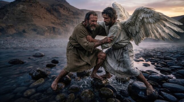 Biblical scene of Genesis 32, Jacob wrestling with an angel by the Jabbok river at dawn, intense physical struggle on wet river stones, cinematic historical film still, dramatic morning twilight light
