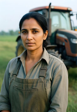 Sustainable agriculture and food security, female farmer standing in front of a tractor on a rural farm field during a sunny day in the countryside