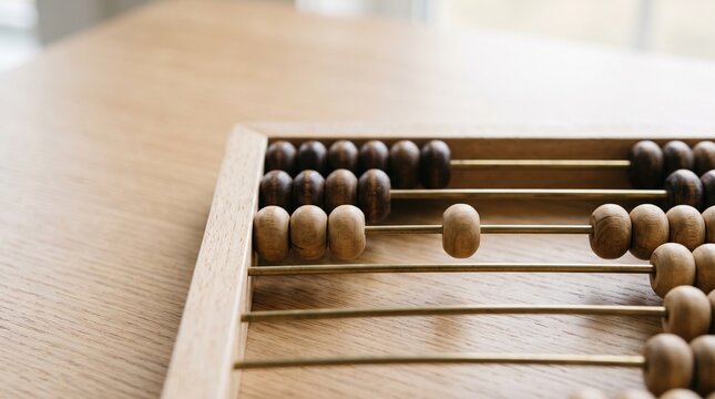 Close-up of a wooden abacus on a wooden desk with blurred background