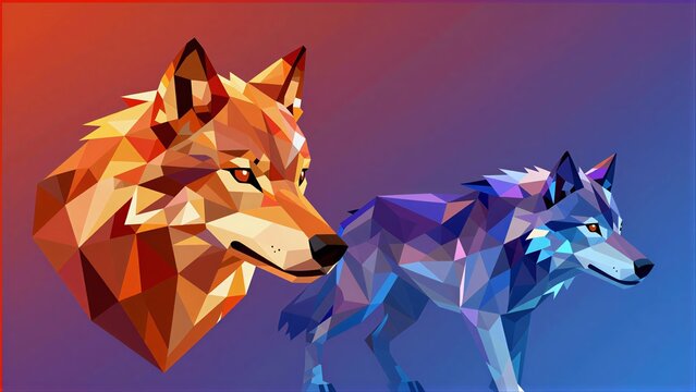 Two stylized wolves, one orange geometric head, one blue standing form.