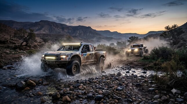 Action-packed off-road truck racing through a shallow river and rocky ford at dusk, powerful 4x4 vehicles splashing water and kicking up dust, cinematic motorsport photography
