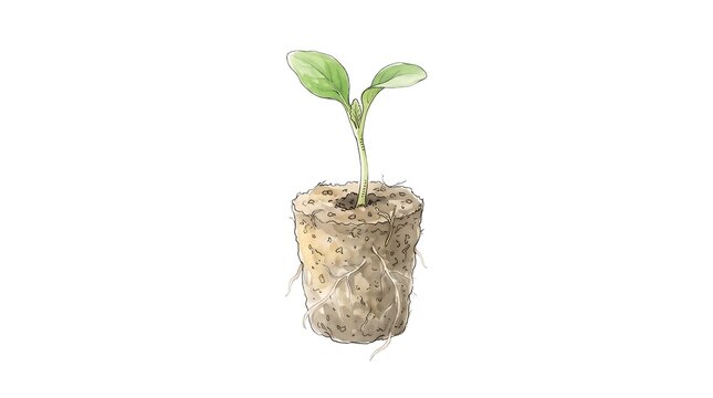 Watercolor illustration of a fresh young plant seedling with visible root system symbolizing growth and new beginning