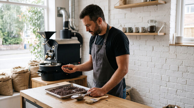 Man inspecting freshly roasted coffee beans in a coffee roastery