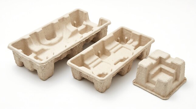 Eco friendly molded pulp packaging inserts on clean white background promoting sustainable e-commerce shipping design