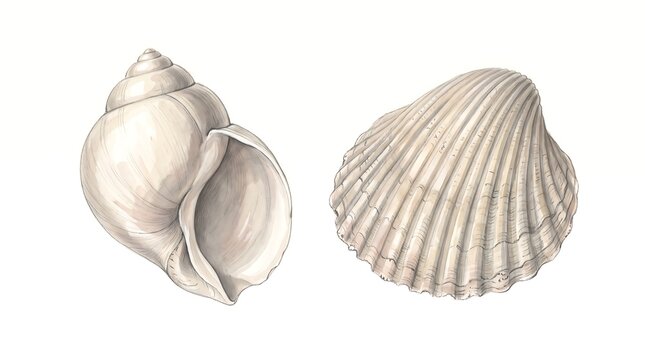Elegant seashell illustration pair featuring a spiral sea snail shell and ribbed scallop shell on a clean white background