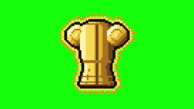 Pixel Art Golden Armor Rotating 360 Degrees with Red Gem and Glowing Aura, 8-Bit Game Asset Loop on Green Screen
