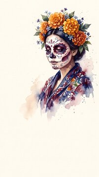 Watercolor illustration of a woman with sugar skull makeup and marigold flower crown celebrating dia de los muertos mexican holiday