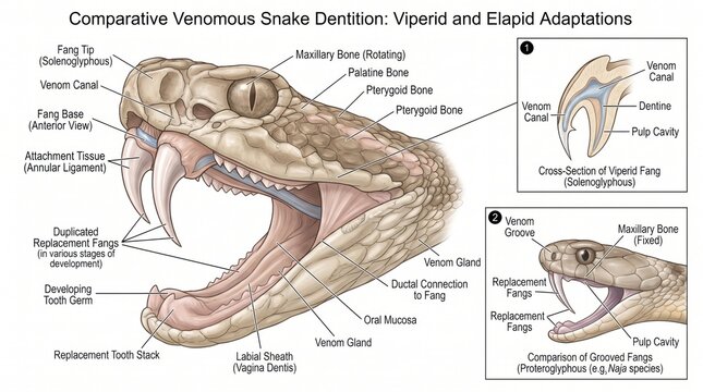 Detailed illustration of comparative venomous snake dentition viperid and elapid adaptations
