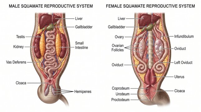 Diagram illustrating comparative male and female squamate reproductive systems with detailed anatomy labels