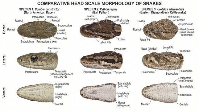 Detailed comparison of head scale morphology for three different snake species