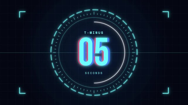 Sci fi HUD launch countdown with rotating cyan rings glitch numbers and T minus display for tech and game intros