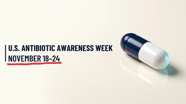 U.S. Antibiotic Awareness Week November 18&ndash;24 &ndash; Text Animation with Red Marker Underline Highlight and Blue and White Capsule, 4K Medical Reminder