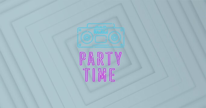 Featuring cyan neon boombox icon above stacked PARTY TIME text on stepped teal-gray backdrop